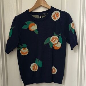 Tahari Navy Sweater with Orange Fruit Design